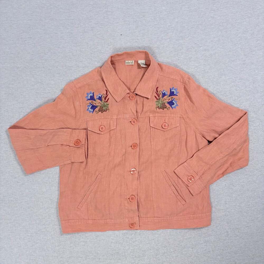 Linden Hill Pink 100% Linen Embroidered Floral Button Front Jacket Size Large